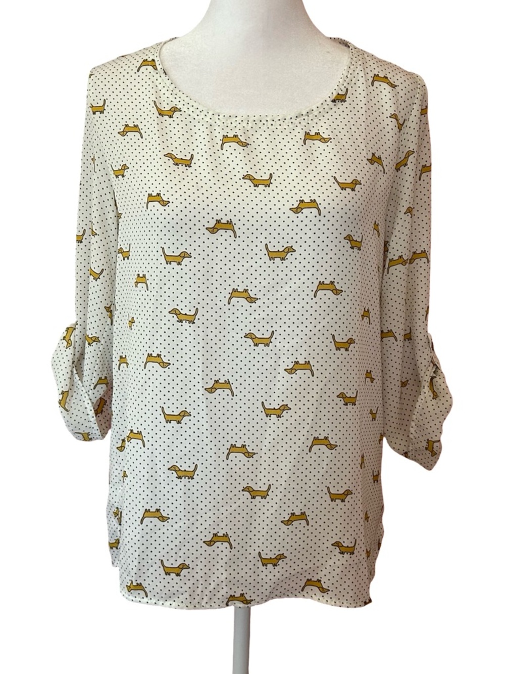 Dachshund Dog Print Polka Dot playful whimsical roll-tab sleeved blouse NWT SM